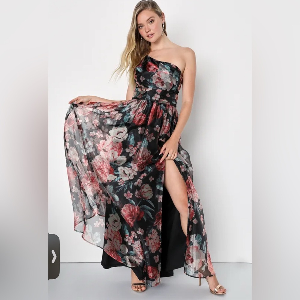 NWT Lulus Bringing the Charm Black Floral Organza Gown
